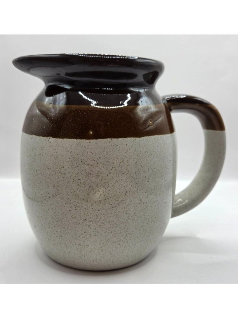 Vtg 2-Tone Stoneware Pitcher Handle Spout Brown Speckled Cream Rustic Farmhouse
